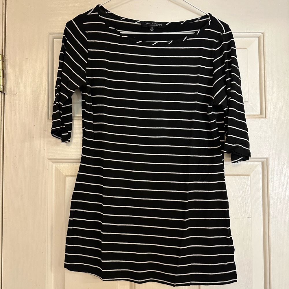 Green Envelope Black and White Striped Short Sleeve Top